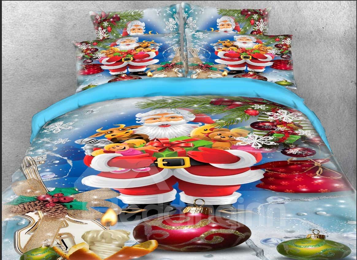 3D-Weihnachtsbettwäsche mit Weihnachtsmann- und Geschenkdruck, 4-teiliges Bettwäscheset, Bettbezug-Set aus Mikrofaser 